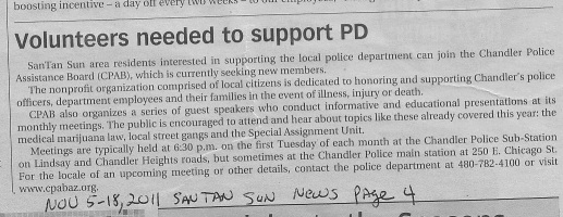 CPAB, which is the Chandler Police Assistance Board article in Nov 5 tp 18, 2011 issue San Tan Sun News