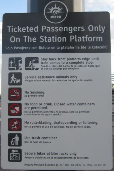 Valley Metro Light Rail - No Food or Drink. Closed Water Containers are Permitted